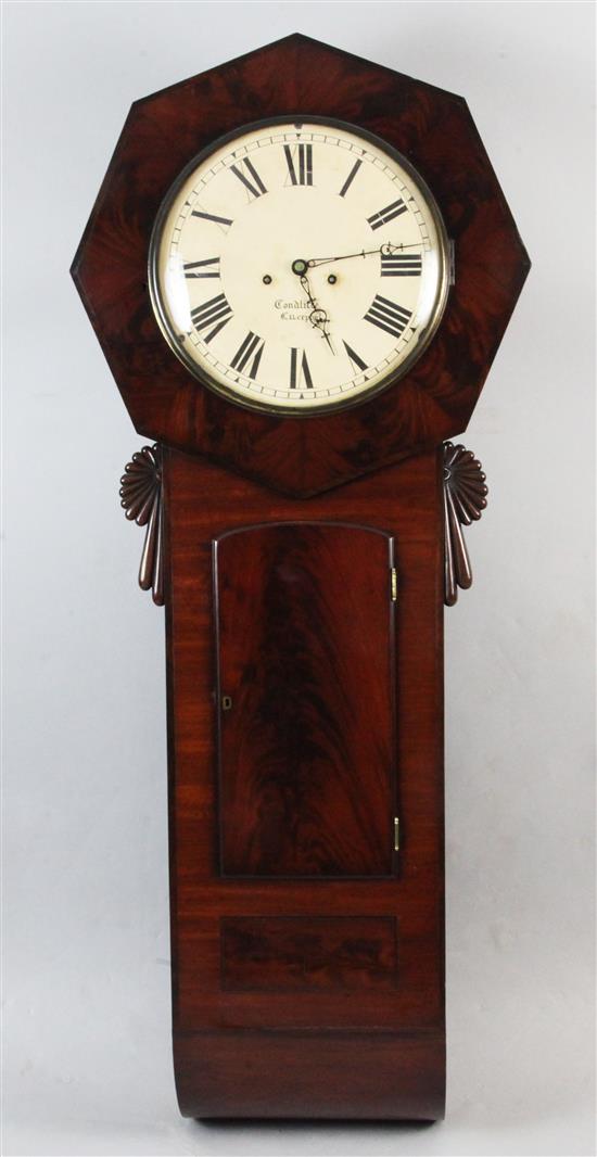 A William IV flame mahogany drop dial wall clock, 57in.